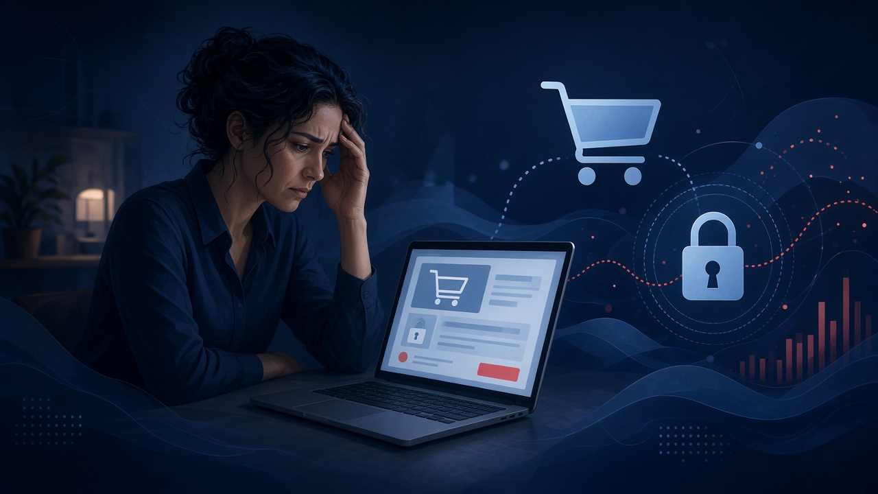 Business owner confronting clone-shop and deposit risk on a laptop